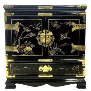 Asian Chinoiserie Black Lacquered Hand Painted Embellished Jewelry Chest
